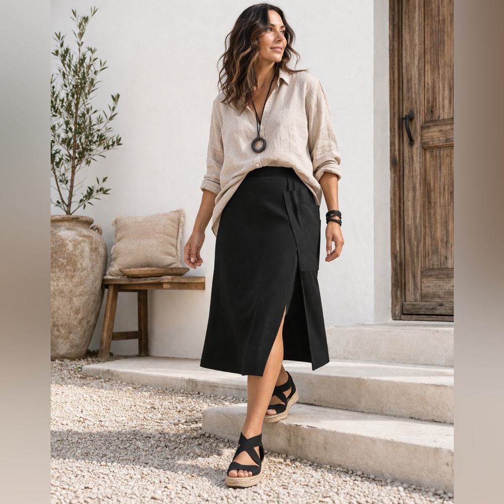 Oska Midi Skirt Black Layered Pleated Size 3 Minimalist Lagenlook Boho Chic